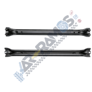 Pair of black metal vehicle frame rails with end brackets, laid horizontally for reinforcement.