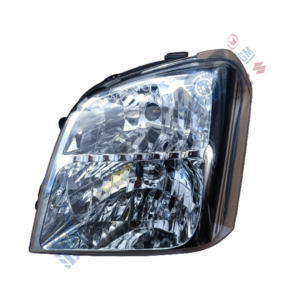 Designer Close-up of a car headlight assembly with a clear lens and metallic reflector interior.