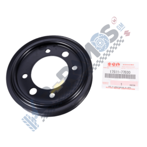 Black metal automotive pulley with a central bore and four surrounding mounting holes, shown beside a Suzuki part tag labeled 17511-77E00.
