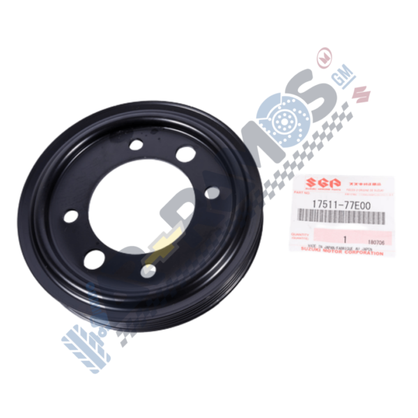 Black metal automotive pulley with a central bore and four surrounding mounting holes, shown beside a Suzuki part tag labeled 17511-77E00.