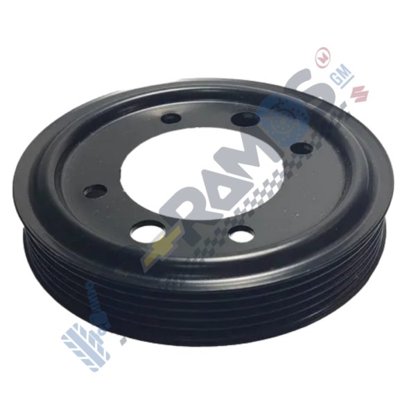 Black automotive pulley with multiple grooves for a serpentine belt, a central bore, and four mounting holes in a circular pattern used to drive accessories.