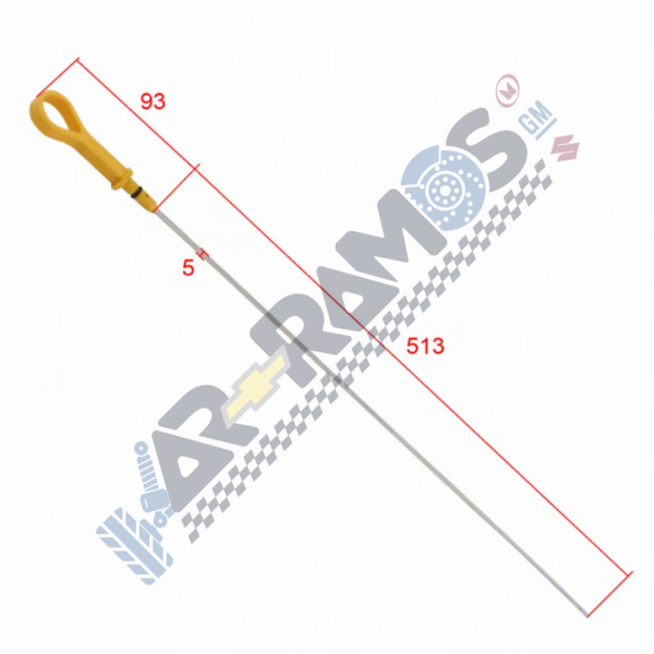 Long metal tool with a yellow handle laid diagonally, overlaid with red measurement marks (93, 5, 513) on a white background.