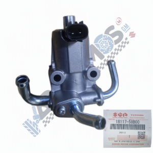 Automotive engine part with multiple hose connections and a two-pin electrical connector; Suzuki part 18117-58B00 label visible