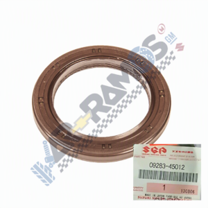 Brown circular automotive oil seal viewed from top, with an inset label showing part number 09283-45012