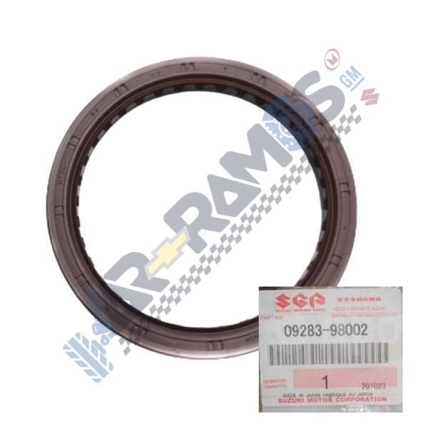 Circular brown oil seal ring with inner lip, part number 09283-98002 (Suzuki Motor Corporation) shown with its label